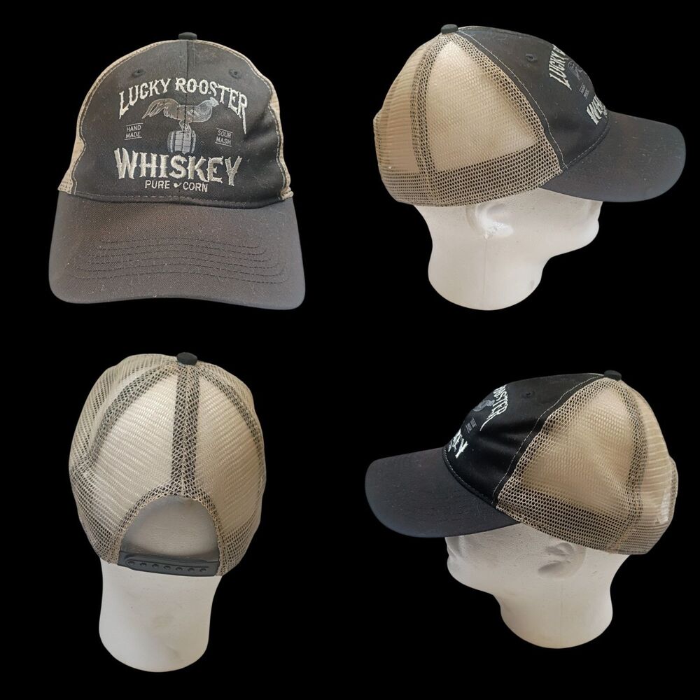 Lucky Rooster Whiskey Snap-Back Mesh-Back Trucker Hat Cap Black Gray Retro Rural